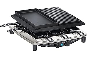 ‎STEBA Steba Premium Raclette RC 4 Plus Deluxe Chrom | Made IN Germany | Antihaft-Druckguss-Grillplatte | Natursteingrillplatte, schneid- und Kratzfest | Inkl. wendbarer Guss-Pfanne mit glatter Fläche