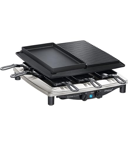 Raclette électrique Steba RC 8 – Fabriquée En Allemagne – Surface 29x29 Cm, 8 Poêlons émaillés – Plaque Antiadhésive + Acier Inox Réversible