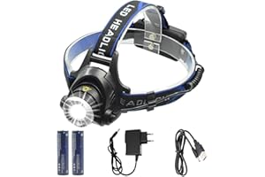 WASAGA Latarka czołowa, 2000 lumenów, 5000 lumenów, możliwość ponownego ładowania, wodoszczelna, regulowany reflektor LED, latarka idealnie nadaje się do biegania, biegania z psem, na kemping (2000