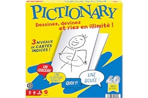 Mattel GamesPictionary Jeu de société familial pour enfants et adultes, soirée jeux pour 2 équipes, avec feutres et ardoises effaçables et sablier, Versión en Francés, JDX98