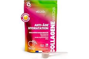 LABORATOIRES VITALTHÉA COLLAGENE MARIN POUDRE + ACIDE HYALURONIQUE + THÉ MATCHA + ZINC + VITAMINE C : Formule Exclusive Premium | Anti-âge Peau & Articulations Sport |RÉSULTATS PROUVÉS* |Goût Pêche Douce |Fabrication France