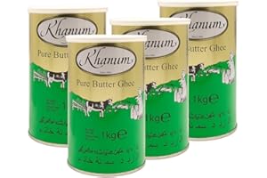 KAJAL Khanum Graisse au beurre pure Ghee 4 x 1 kg – Graisse au beurre de qualité supérieure pour rôtir, cuisiner et cuire | Parfait pour frire, point de fumée élevé, sans additifs avec autocollant Khôl