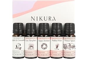 Nikura Christmas Cosy Night in Fine Fragrance Oil Gift Set - 5 x 10ml | Great for Diffusers for Home, Soap & Candle Making, Wax Melts, Burner | Bath Bombs, Perfume Scents | UK Made Essential Oils