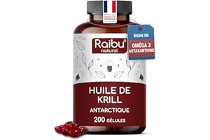 RAIBU Huile de Krill d’Antarctique 200 Gélules - Riche en Astaxanthine, acides gras Oméga 3 (EPA & DHA), 6 & 9 et Phospholipides - 1200 mg d’Huile de Krill par jour - Sans arrière-goût de poisson