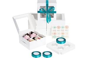 Coolty 30pcs Cajas para Tartas 4 Agujeros Cajas Cupcakes Cajas de Cartón para Embalaje Panadería Pastelería Cajas para Galletas Magdalenas Cupcakes Postres Tartas(Blanco)