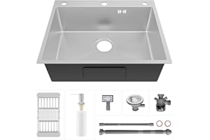 CECIPA Spülbecken 60×49 CM, Edelstahl Spüle mit Siphon und Überlauf, Küchenspüle mit Seifenspender und Abtropfkorb, passend für Unterschränke ab 60 CM, Silber