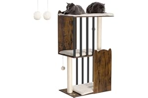 FourFurPets 3-Tier Modern Cat Scratching Post 111cm Tall Cat Tree with 2 Full Sisal Scratching Posts 3 Large Platforms Vintage Brown