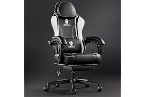 Dowinx Gaming Chair with Footrest, Gaming Chair for Adults, Ergonomic Gaming Chair with Pocket Spring Cushion and Massage Lumbar Support, High Back Leather Video Game Chair Office, 200kg White