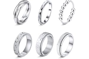 LOFITOR 6 Stück Anti-Angst Spinner Ringe Fidget Band Ring für Stress Angstlinderung für Damen Herren Edelstahl Roller Anti-Stress Ringe Set Coole Anxiety Band Ring CZ Mond&Stern Gold Silber