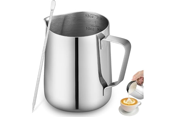 ISHEWUDU Mjölkskummningskanna 350 ml med latte art-penna, mjölkkanna i rostfritt stål för kaffemaskin och barista, kaffemjölkkanna-set för latte art, cappuccino, hemmabruk