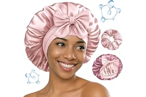 BONNET QUEEN Gorro de Seda para Dormir para Mujeres con ÁCIDO HIALURÓNICO Gorro de Satén Reversible de Doble Capa para Gorro de Dormir para Pelo Rizado con Scrunchies, Rosa Crema & Oro Rosa