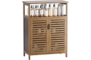 HITNET Bambusowa szafka łazienkowa do przechowywania, stojący organizer do szafek kuchennych z 2 drzwiami żaluzjowymi i otwartymi półkami, orzech