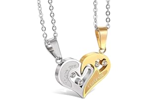 JeweBella 2 Pcs Collier Couple Coeur Amoureux Puzzle Collier Acier Inoxydable pour Hommes et Femme Pendentif Collier Couleur Argent noir/Or argent 56 Longueur de la chaîne