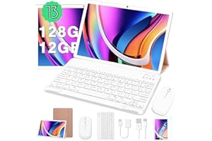 JUSYEA 2024 Newest Tablet 10 Pulgadas Android 13 Tablets PC 12GB RAM + 128GB ROM (1TB TF) Octa-Cores 2.0Ghz, WiFi 5G+2.4G, BT 5.0, Cast, 8000mAh, 8+5MP, Cuerpo Metálico, con Funda, Teclado y Ratón, Dorado