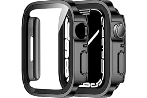 ZZDZZ 2 Pack Hard PC Case Compatible with Apple Watch Case 45mm Series 9/8/7 with Tempered Glass Screen Protector, Ultra-Thin Straight Edge Protective Cover for iWatch 45mm (Black/Black)