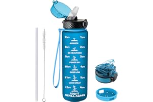 GOPPUS Butelka na wodę z tritanu, 1 l, z tritanu, matowa, 1 l, sportowa butelka ze znacznikami czasu, motywacyjne butelki do picia z miarką, wielokrotnego użytku, na siłownię, szczelne, bez BPA, dla