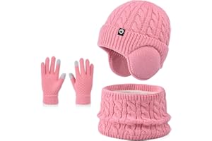 Enwokran Winter Mütze Schal Handschuh Sets Mädchen Strickmütze Warme Mütze Jungen Wintermütze Fleece Winterschal Elastische Beanie Ohrenklappe Hut Schal Touchscreen-Handschuhe Kinder 4-10 Jahre