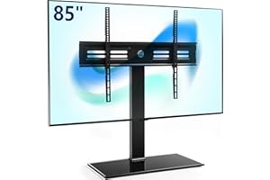 FITUEYES Stojak na telewizor 50–215 cm, stabilny stojak na telewizor z regulacją wysokości, obrót o 80° i podstawa ze szkła hartowanego, nośność 65 kg, maks. VESA 800 x 600 mm, czarny