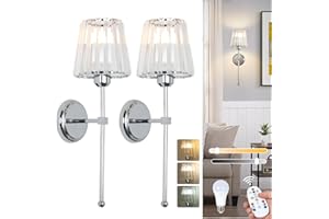Stepeak Battery Operated Wall Lights Set of 2, Rechargeable Wall Lights Indoor with USB Charging Bulb & Remote, Glass Wireless Wall Sconce Stick On, Chrome Battery Operated Wall Sconces for Bedroom