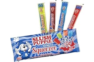 SYNC'T Slush Puppie The Original Squeezee Freeze Pops Ice Lolly Poles - 10 x 60mls - Red Cherry, Lemon &Lime, Strawberry and Blue Raspberry - Suitable For Vegetarian, Vegan and Gluten Free