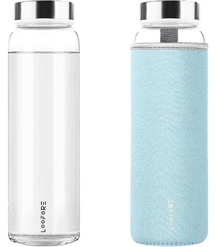 LOOFORE 1L/1000ml Classic Glazen Drinkfles, Draagbaar,Bpa-vrij, Voor Onderweg, Sportfles, Glas, Waterfles Voor Het Meenemen Van Koude Warme Dranken Met Neopreen Tas En Sponsborstel
