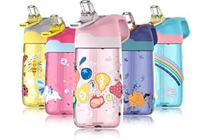 Fjbottle Trinkflasche Kinder Flasche mit Strohhalm 450ml aus Tritan Plastik - 1-Klick-Öffnung - Auslaufsichere BPA FREI Leicht Wasserflasche Kinderflasche in Schule/Kindergarten