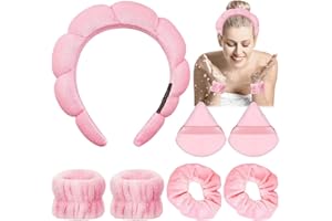 MIIOTO 7 Pezzi Fascia Skincare, Cerchietto Skincare Donna, Fascia Capelli Skincare, Elasticità Polsini per Skincare, Fascia per Capelli Donna Con Anello e Piumini da Cipria