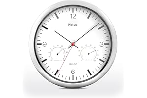 Mebus Kwarcowy zegar ścienny z termometrem i higrometrem, srebrna ramka, biała tarcza, średnica 25 cm, okrągły, model: 56730, kolor: srebrny, biały