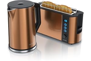 Arendo Ensemble Bouilloire et Grille-Pain - Bouilloire INOX 1,5L 40°-100°C, Grille-Pain 2 Tranches Écran LED 6 Niveaux de Brunissage, Support Viennoiserie - Cuivre