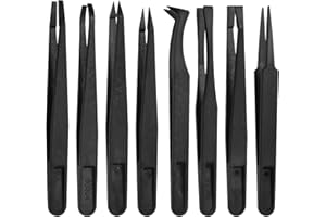 QINREN 8Pcs Anti-static Plastic Tweezers Set, Multifunctional Precision Tweezers Set - Slant Flat Tip, Pointy/Curved Tips for Electronics, Jewelry-Making, Laboratory Work, Repairing