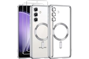 Phoona Klare Magnetisch Hülle für Samsung Galaxy S23 FE 5G 6,4 Zoll, mit 2 Stück Gehärtete Glas Schutzfolie, Anti-Gelb, Stoßfest Kabellosem Laden, Anti Scratch, Silber
