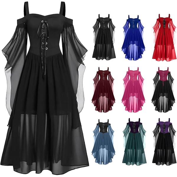 Robe Rétro Médiévale Femme Grande Taille 2024 - Robe Renaissance Reine Victorienne Gothique Manches Trompette Maxi Pour Carnaval Halloween Cosplay