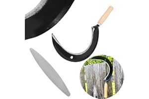 Bauster® Set de faucilles de qualité supérieure avec pierre à aiguiser, sickle tranchant, 35 cm, petites fausses fauces, tondeuse, coupe-herbe, manche en bois, faucille forgée pour tondre l'herbe
