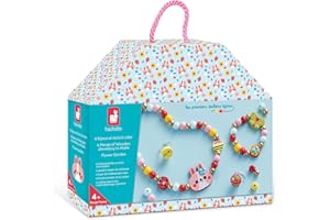 Janod - 4 Gioielli in Legno da Creare Flower Garden - I Primi Atelier dei Gioielli - Creazione di Gioielli Fai-da-Te - Kit Creativo per Bambini - Motricità Fina e Concentrazione - Da 4 anni - J09130