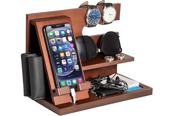 Cadeaux d'anniversaire pour homme, station d'accueil de téléphone en bois, organiseur de table de chevet pour lui, cadeaux pour papa, cadeaux de Noël, mari, papa, cadeaux de Noël pour homme