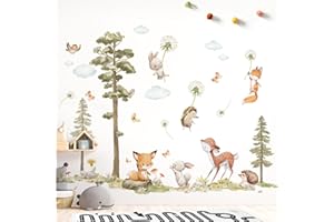 DEKO KINDERZIMMER Tatuaż ścienny zwierzęta leśne drzewo naklejka ścienna lis zając jeleń naklejka ścienna pokój niemowlęcy dmuchawiec pokój dziecięcy dekoracja ścienna DK1137-04