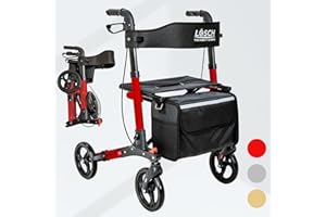 Lösch Reha Tabas Mobility Rollator I Indoor & Outdoor Rollator Foldable and Lightweight with PU Tyres & Seat Option I Height-Adjustable Travel Walker with Bag & Stick Holder I Walking Aid in Red