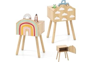 KOMFOTTEU Juego de 2 Mesitas de Noche Infantil, Mesillas de Noche para Niños con Patas de Madera Maciza, Mesa Auxiliar con Dispositivo Antivuelco, Mesa Cabecera con Patrones de Arco Iris y Nubes