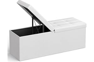 SONGMICS Puff Almancenaje, Banco Almacenaje, Banco con Tapa Plegable, Capacidad de 120 L, con Asiento Acolchado, 38 x 110 x 38 cm, Blanco LSF75WT