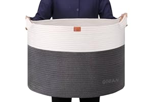 GOCAN XXXL panier a linge panier rangement D55XH35cm panier à linge panier garni pour panier linge salle avec Poignées pour Jouets Oreillers Salon panier rond gris blanc