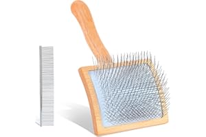 YOPETAYU Dog Slicker Brush for Shedding and Grooming Medium or Long Haired Cats, Extra Long & Soft Pin Slicker Brush for Removes Loose Hair, Tangles, Knots, Undercoat, Free Pet Comb, Large, Wood
