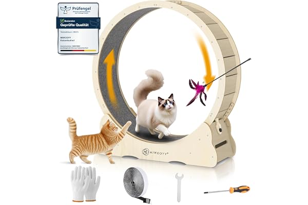 MIWOOYY Grande roue d'exercice pour chat de 101,6 cm – Roue d'exercice en bois massif naturel pour chats d'intérieur – Tapis de course de sécurité pour chat avec verrouillage et espace réduit