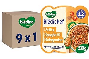 Blédina - Blédichef - Repas Bébé 12 Mois - 9 Plats Petits Spaghetti à la Bolognaise - Faible Teneur en Sel - Petits Morceaux - Dès 12 Mois - 9 Assiettes de 230g