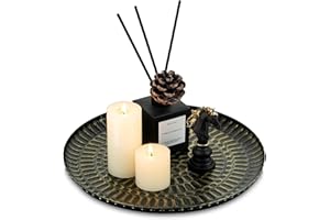 ‎ROMADEDI Romadedi Deko Tablett Schwarz Gold: Metall Hammered Dekotablett Rund Kerzentablett für Wohnzimmer Esstisch Tischdeko Dekorative Teller Kerzenteller für Kerzen Decoration,30cm