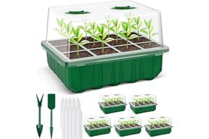 Qmioti Zimmergewächshaus Anzuchtkasten, 5 Stück Verdicktes Zimmergewächshaus Set mit 9CM Hohem Deckel und Vergrößerten Unabhängigen Zellen, 60 Zellen Mini Gewächshaus Anzucht für Pflanze, Grün