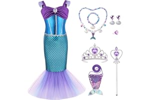 AYBUY Kostium syrenki dla dzieci, kostium syrenki dziewczynki z naszyjnikiem różdżka wróżka, kostium księżniczki luksusowa sukienka dla dzieci na cosplay