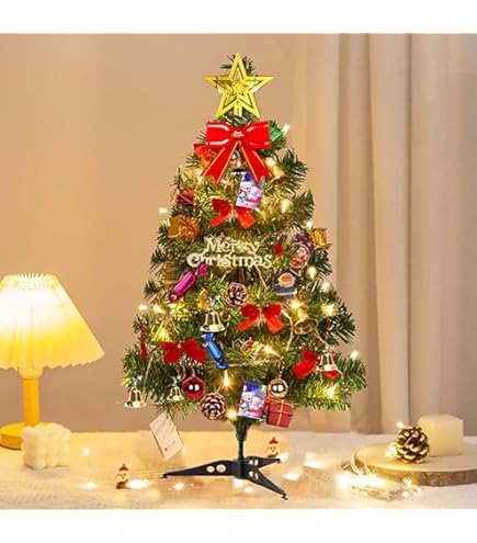 Kerstbomen 60cm / 23.6In kleine kerstboom Desktop mini kerstboom met LED Stringlampen & ornamenten for Kerstmis/Home Luxe kerstboom (Color : Gold 60cm/23.6in