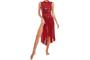 inlzdz Damen Glitzer Pailletten Tanzkleid ärmellos Ballettkleid Rückenfrei Ballettanzug mit Mesh Asymmetrisch Rock Turnanzug Leotard Latein Kleider