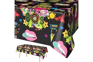 FunHot 80s Tablecloth, 80s Party Decorations, 54 x 108 Inch Waterproof Rectangle Black Print Table Cover for 80s Nostalgia Theme Party Back to The 80s Theme Birthday Party Decorations
