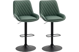 HOMCOM Breakfast Bar Stools Set of 2 with 51x40cm Wide Seat, Height Adjustable Kitchen Counter Chairs, Retro Swivel Upholstered Barstools with Back, Footrest and Steel Base, Green